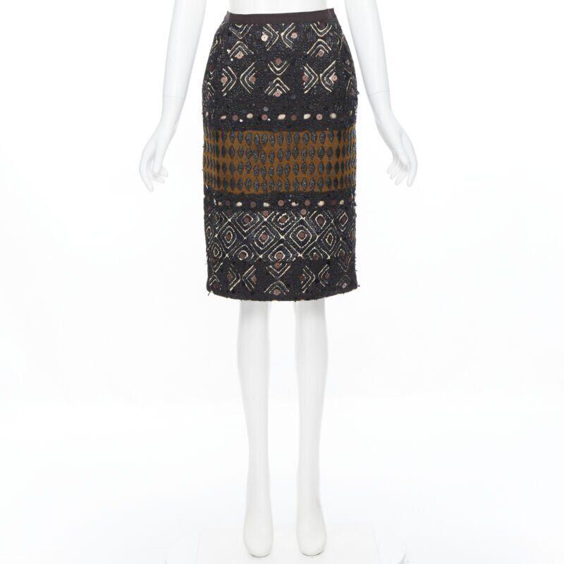 Black OSCAR DE LA RENTA 2008 brown raffia sequins embellished jacquard skirt US0 24