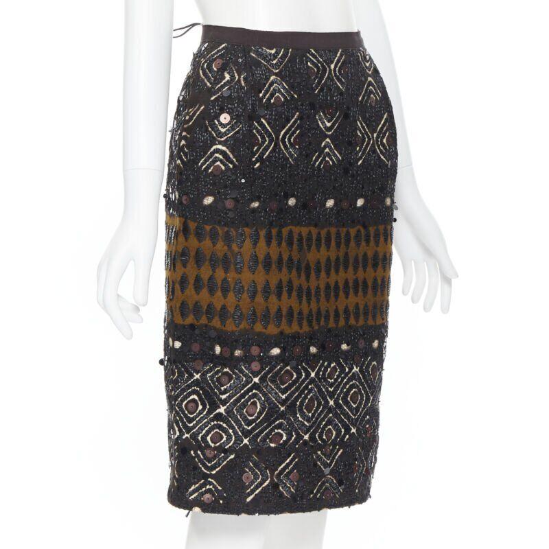 Women's OSCAR DE LA RENTA 2008 brown raffia sequins embellished jacquard skirt US0 24