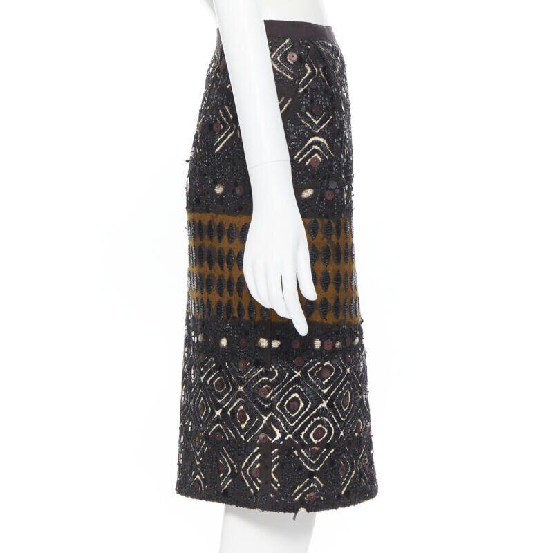 OSCAR DE LA RENTA 2008 brown raffia sequins embellished jacquard skirt US0 24