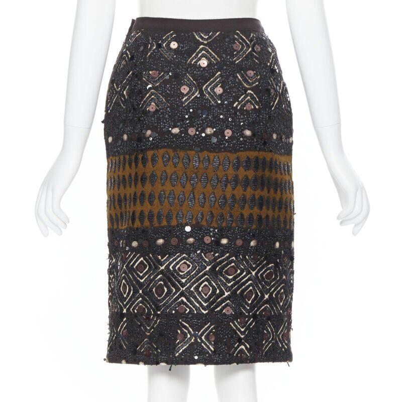 OSCAR DE LA RENTA 2008 brown raffia sequins embellished jacquard skirt US0 24