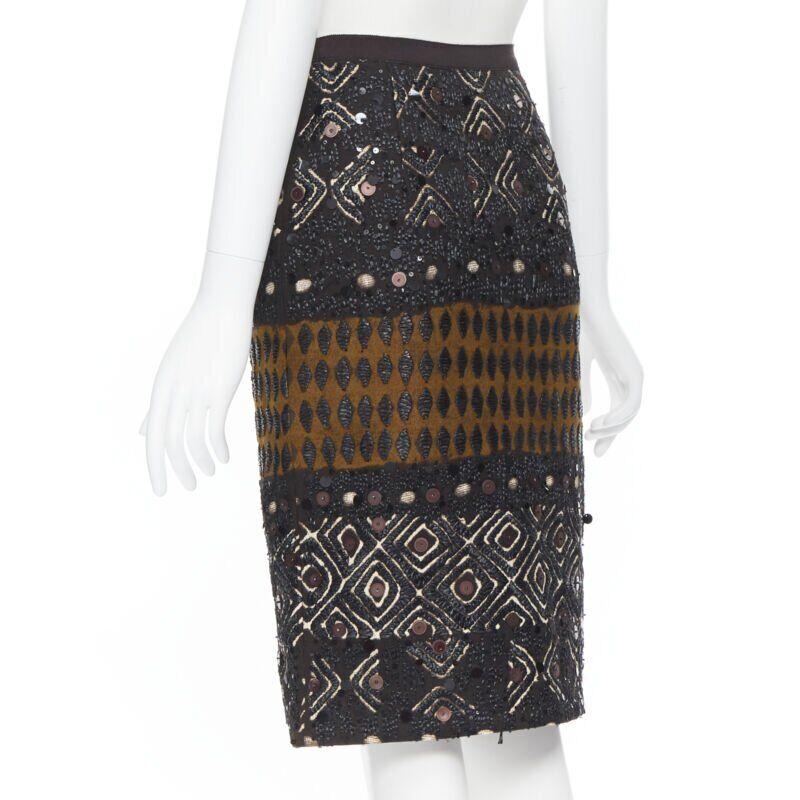 OSCAR DE LA RENTA 2008 brown raffia sequins embellished jacquard skirt US0 24