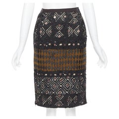 OSCAR DE LA RENTA 2008 brown raffia sequins embellished jacquard skirt US0 24"