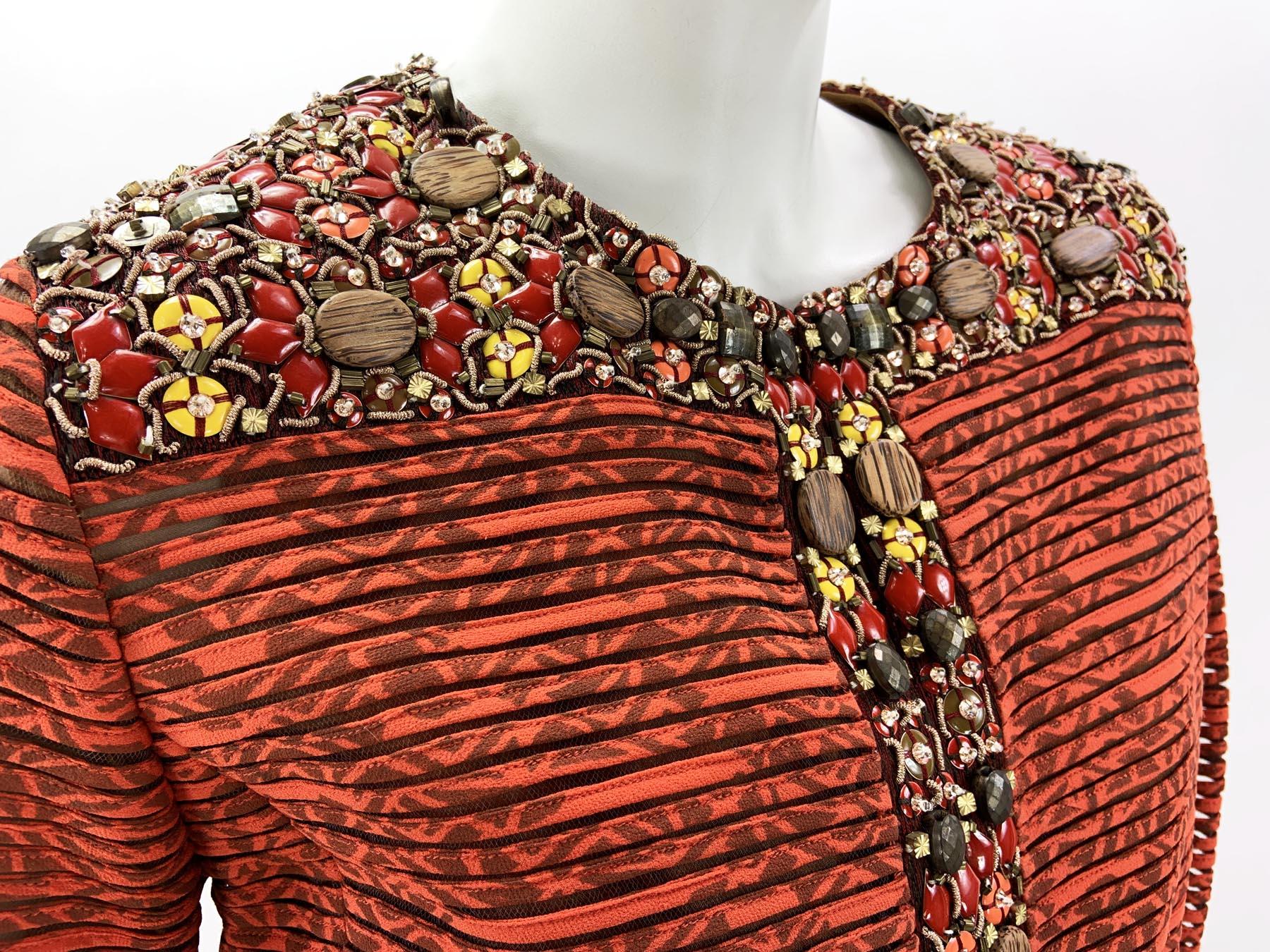 Oscar de la Renta 2009 Collection Silk Brick Red Embellished Coat + Dress US 6 4 For Sale 10