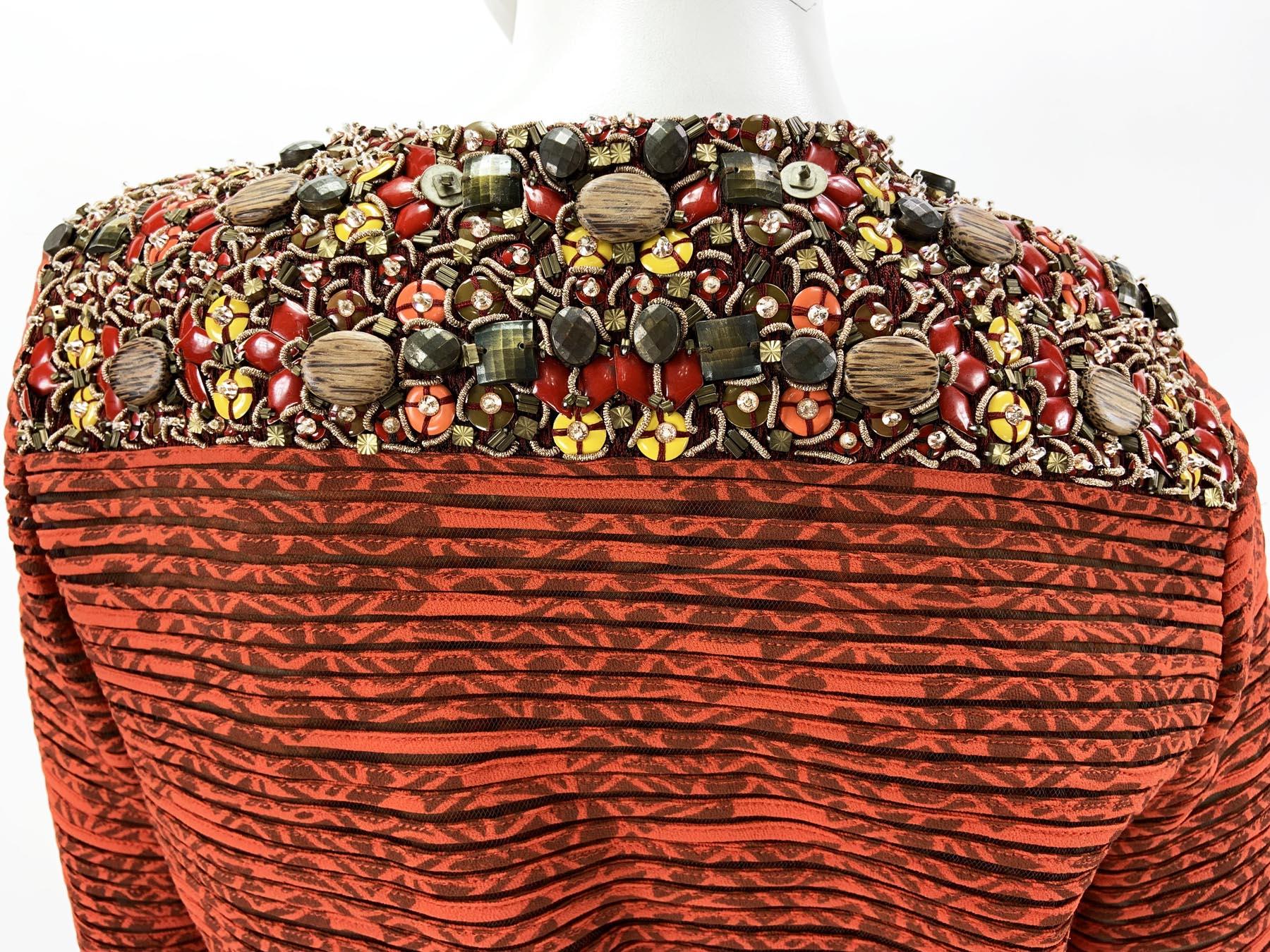 Oscar de la Renta 2009 Collection Silk Brick Red Embellished Coat + Dress US 6 4 For Sale 11