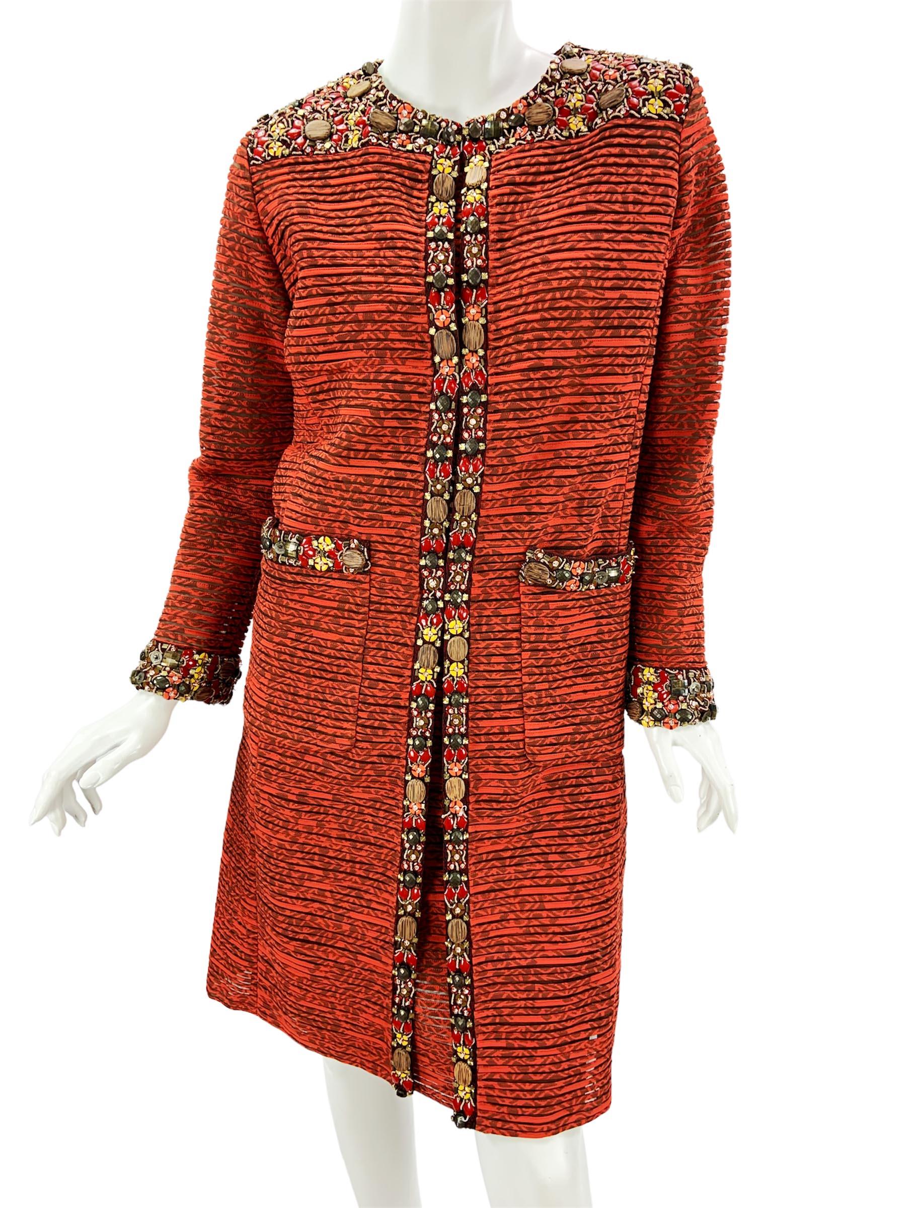 Oscar de la Renta 2009 Collection Silk Brick Red Embellished Coat + Dress US 6 4 In New Condition For Sale In Montgomery, TX