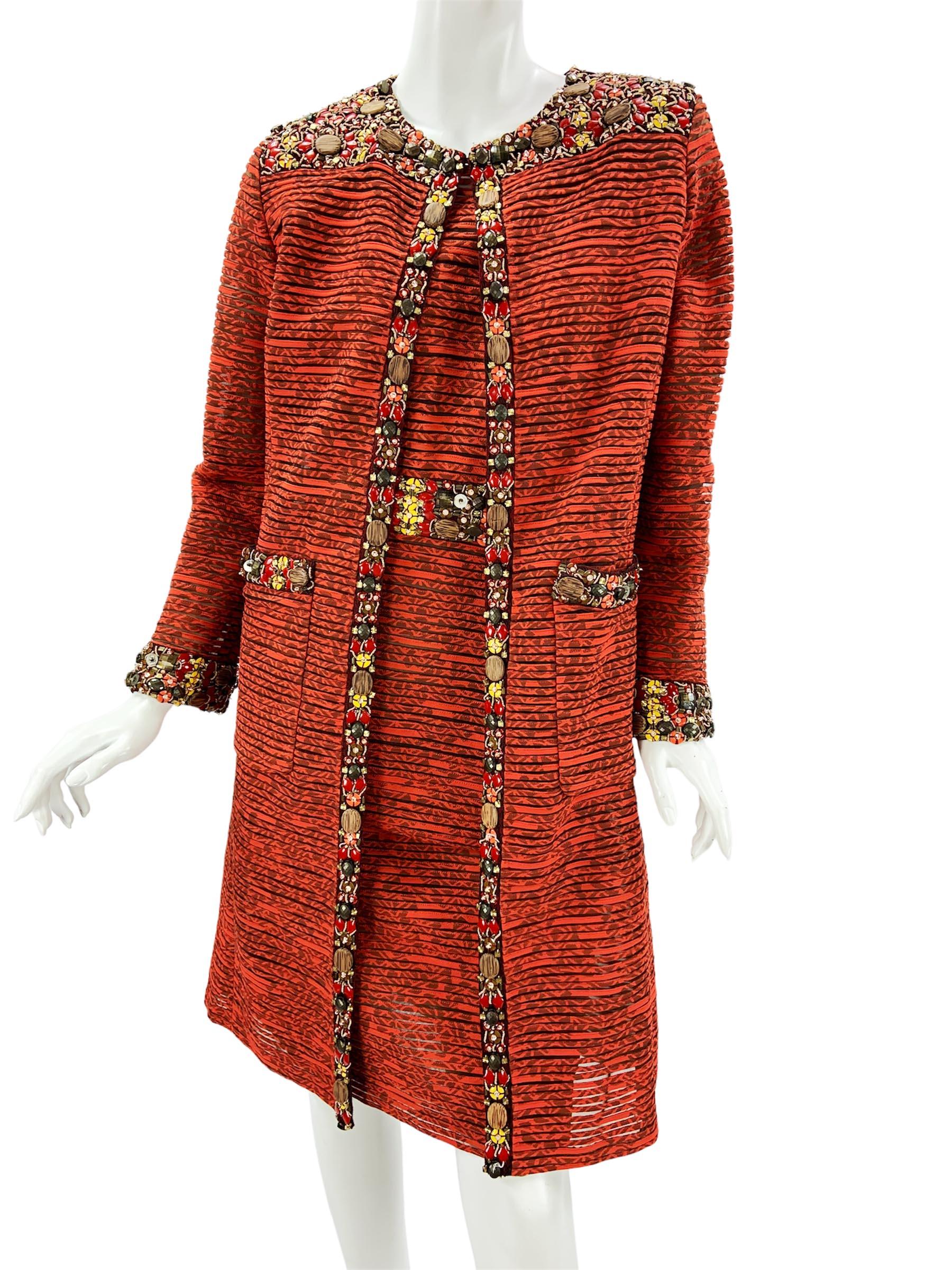 Women's Oscar de la Renta 2009 Collection Silk Brick Red Embellished Coat + Dress US 6 4 For Sale