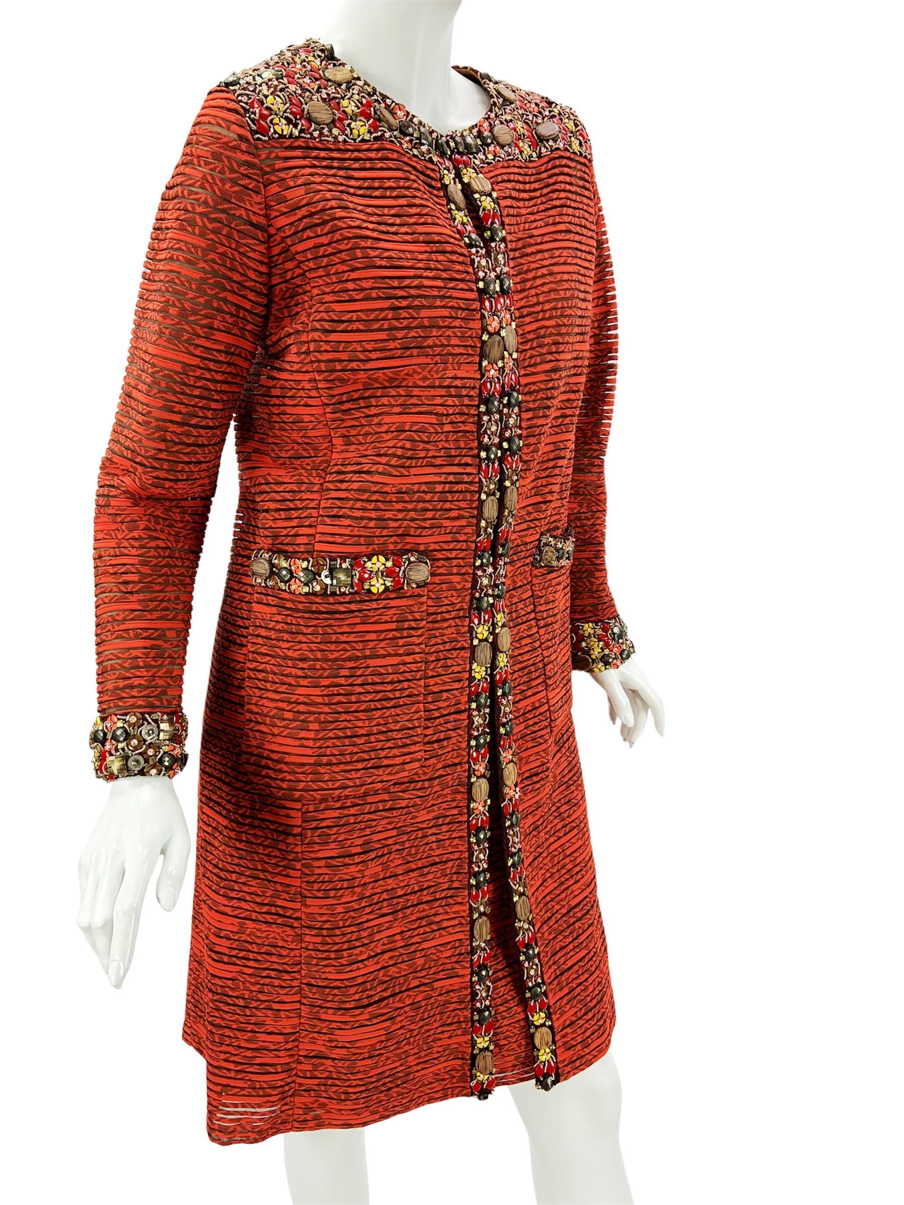 Oscar de la Renta 2009 Collection Silk Brick Red Embellished Coat + Dress US 6 4 For Sale 1