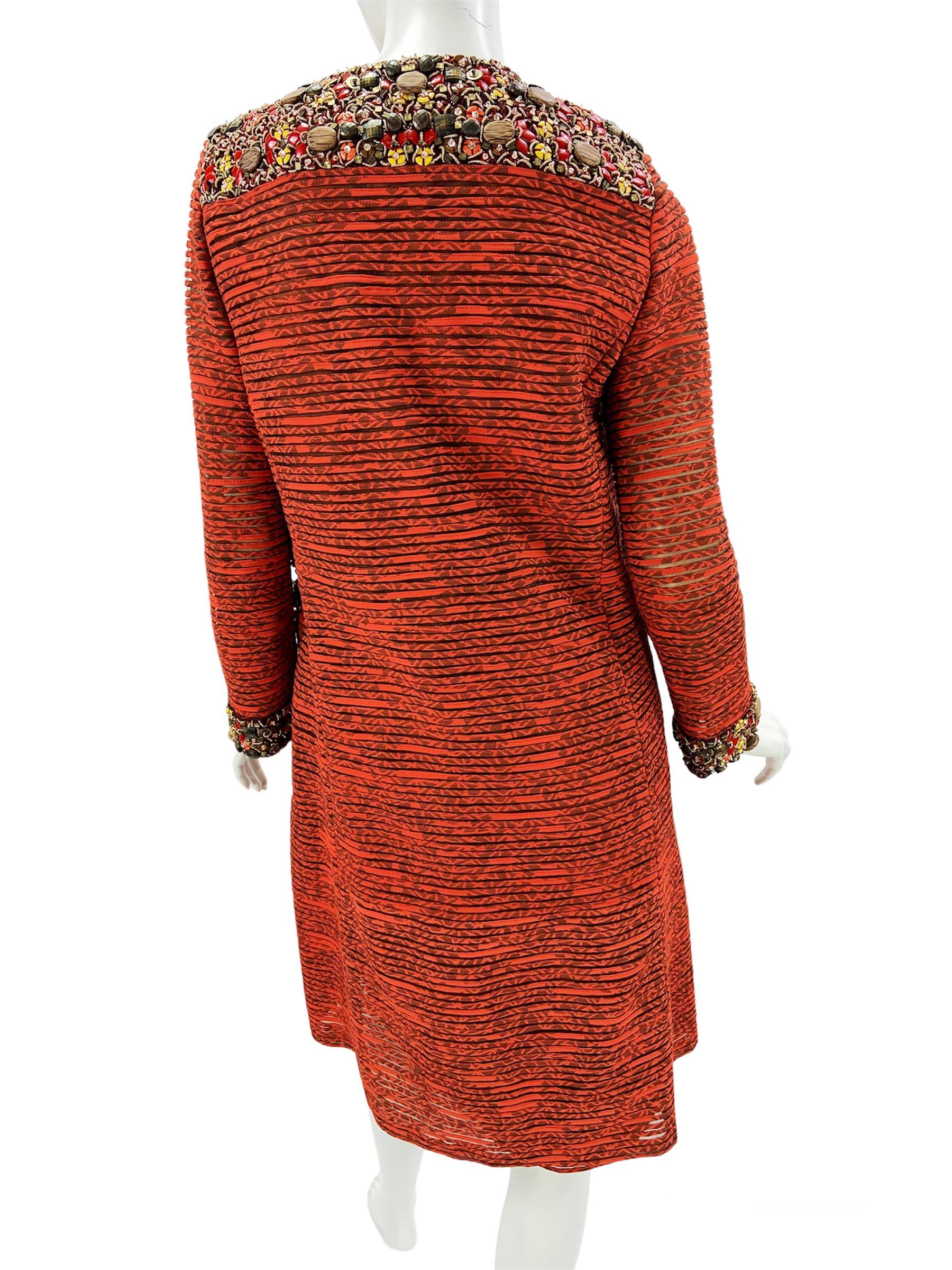 Oscar de la Renta 2009 Collection Silk Brick Red Embellished Coat + Dress US 6 4 For Sale 2