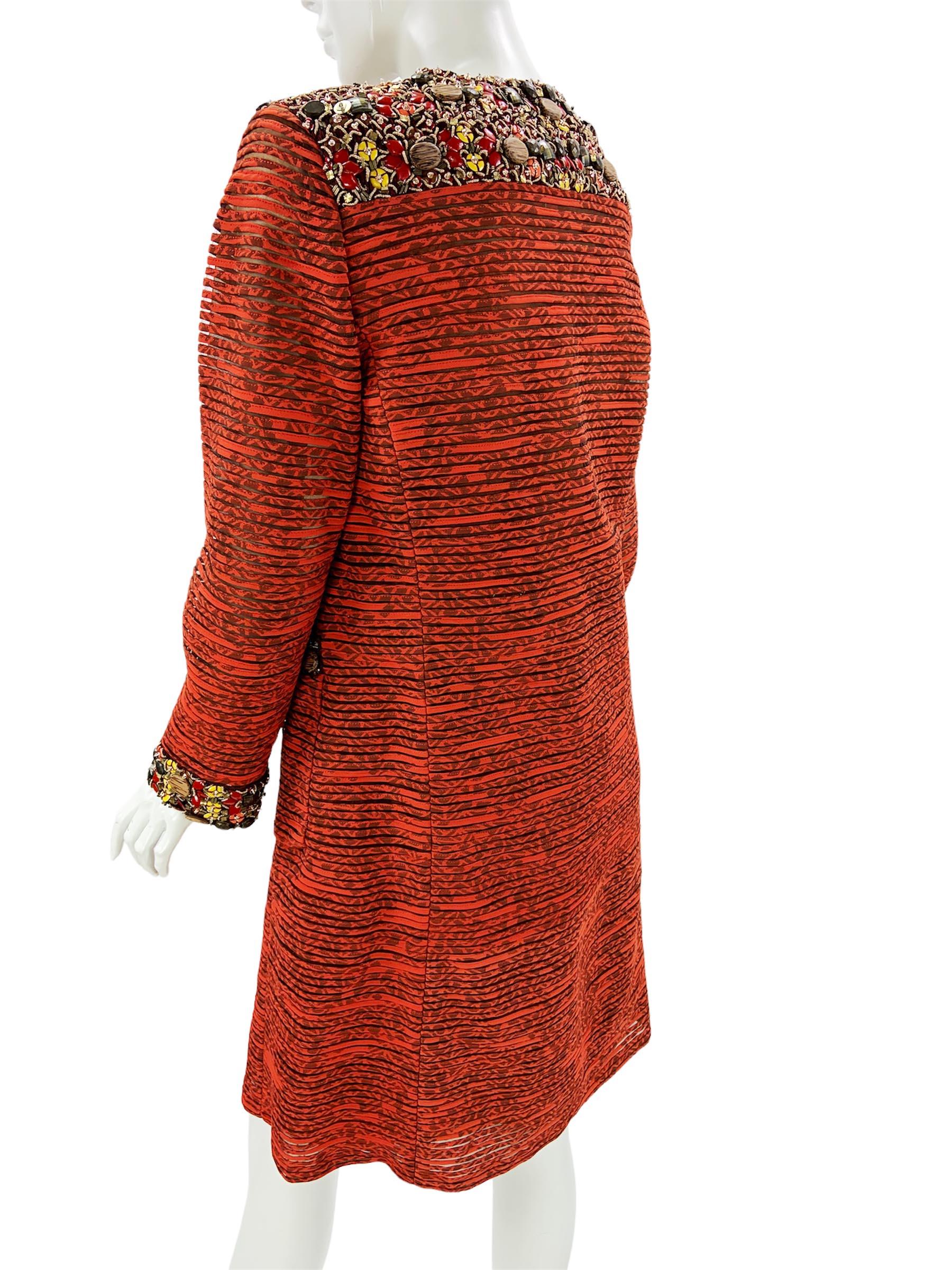 Oscar de la Renta 2009 Collection Silk Brick Red Embellished Coat + Dress US 6 4 For Sale 3