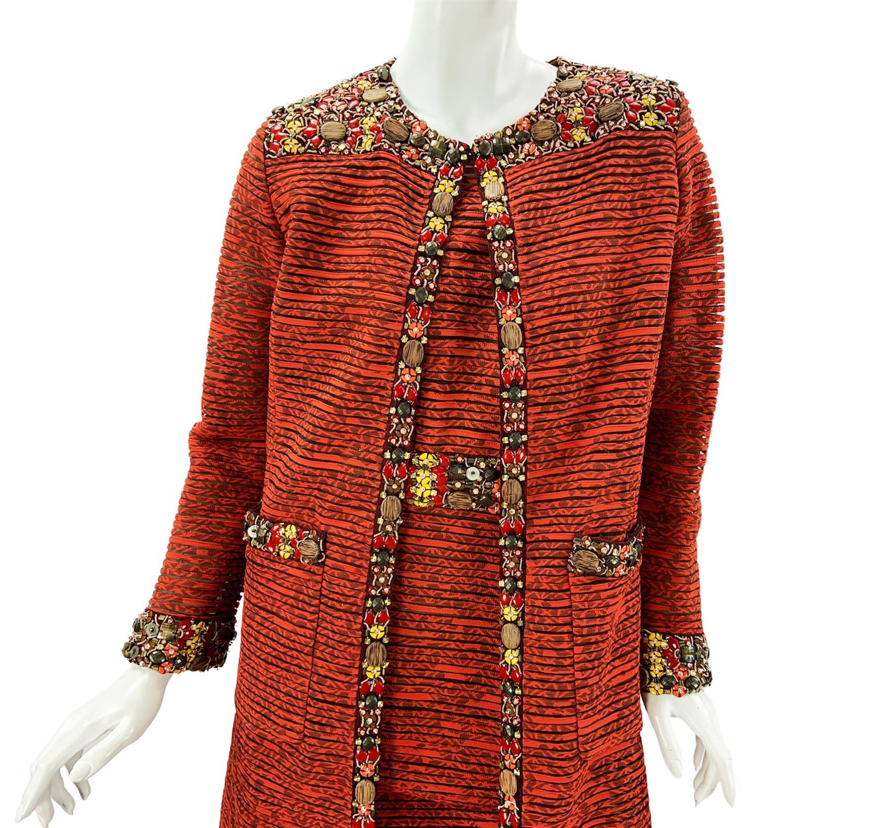 Oscar de la Renta 2009 Collection Silk Brick Red Embellished Coat + Dress US 6 4 For Sale 4