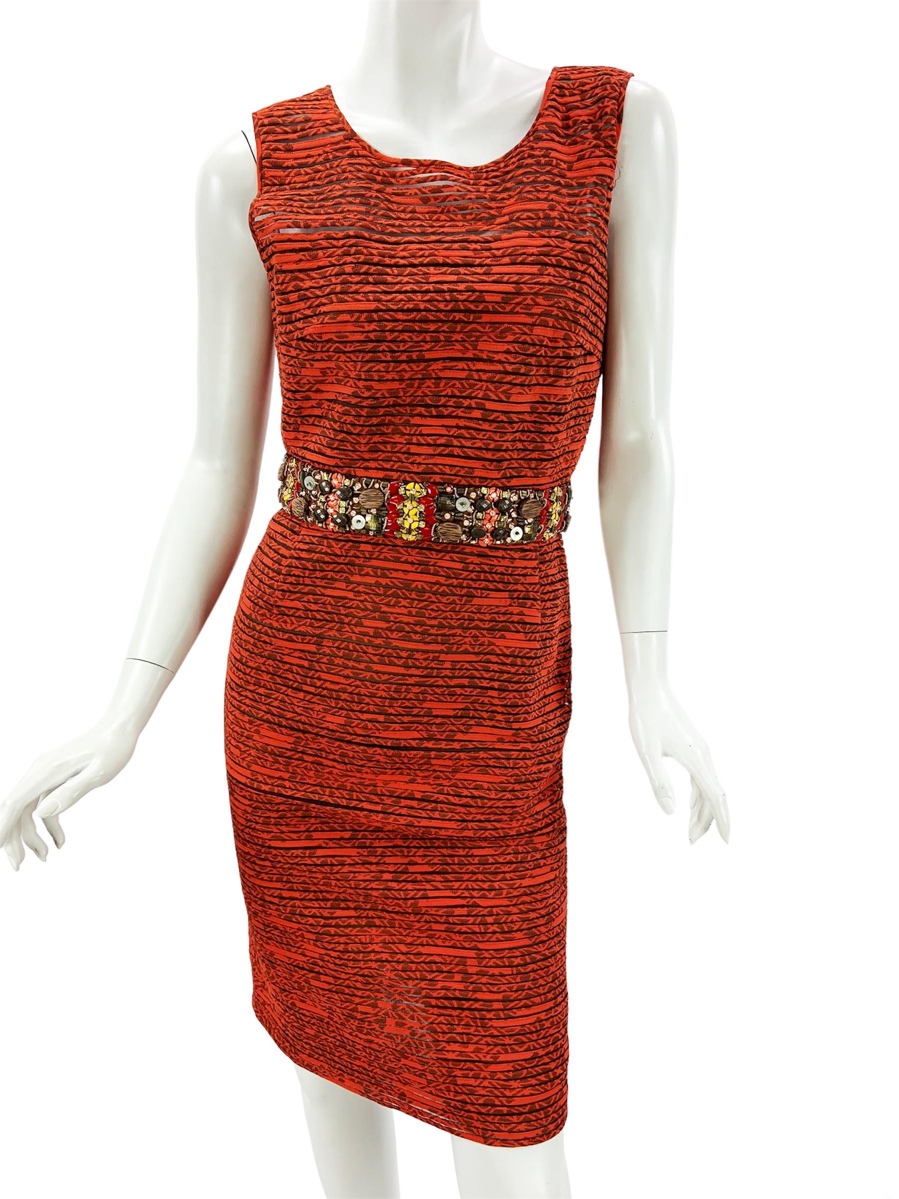 Oscar de la Renta 2009 Collection Silk Brick Red Embellished Coat + Dress US 6 4 For Sale 5