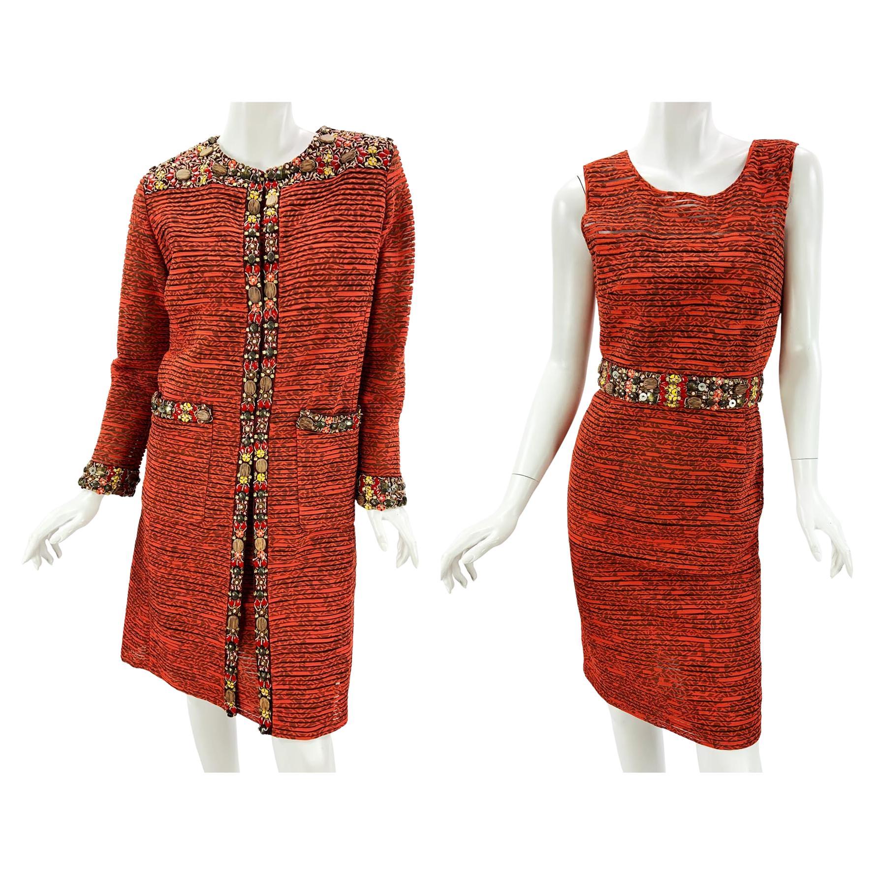 Oscar de la Renta 2009 Collection Silk Brick Red Embellished Coat + Dress US 6 4 For Sale