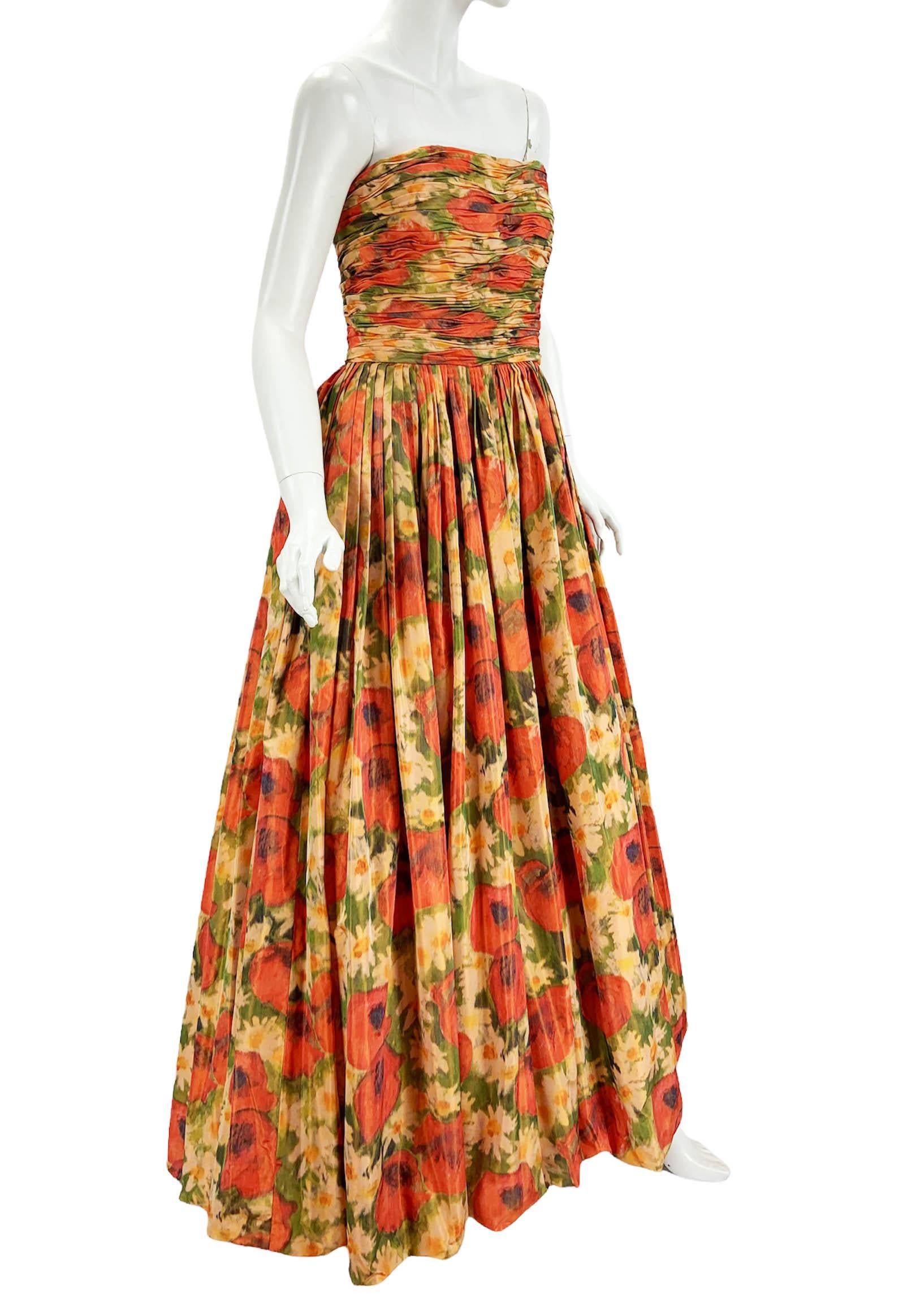 Brown Oscar De La Renta 2009 Runway Taffeta Silk Flower Print Corset Dress Gown US 6 For Sale