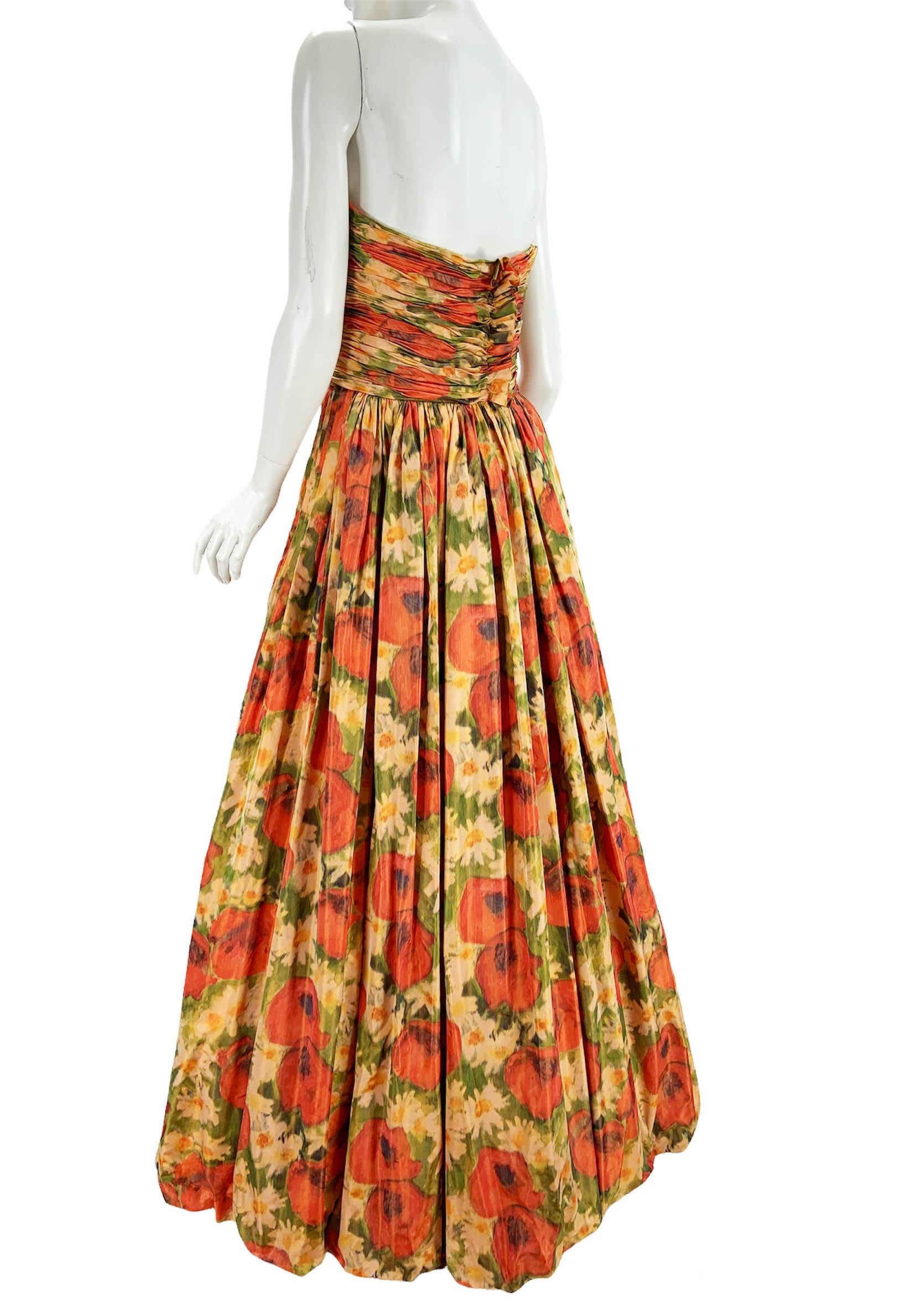 Women's Oscar De La Renta 2009 Runway Taffeta Silk Flower Print Corset Dress Gown US 6 For Sale