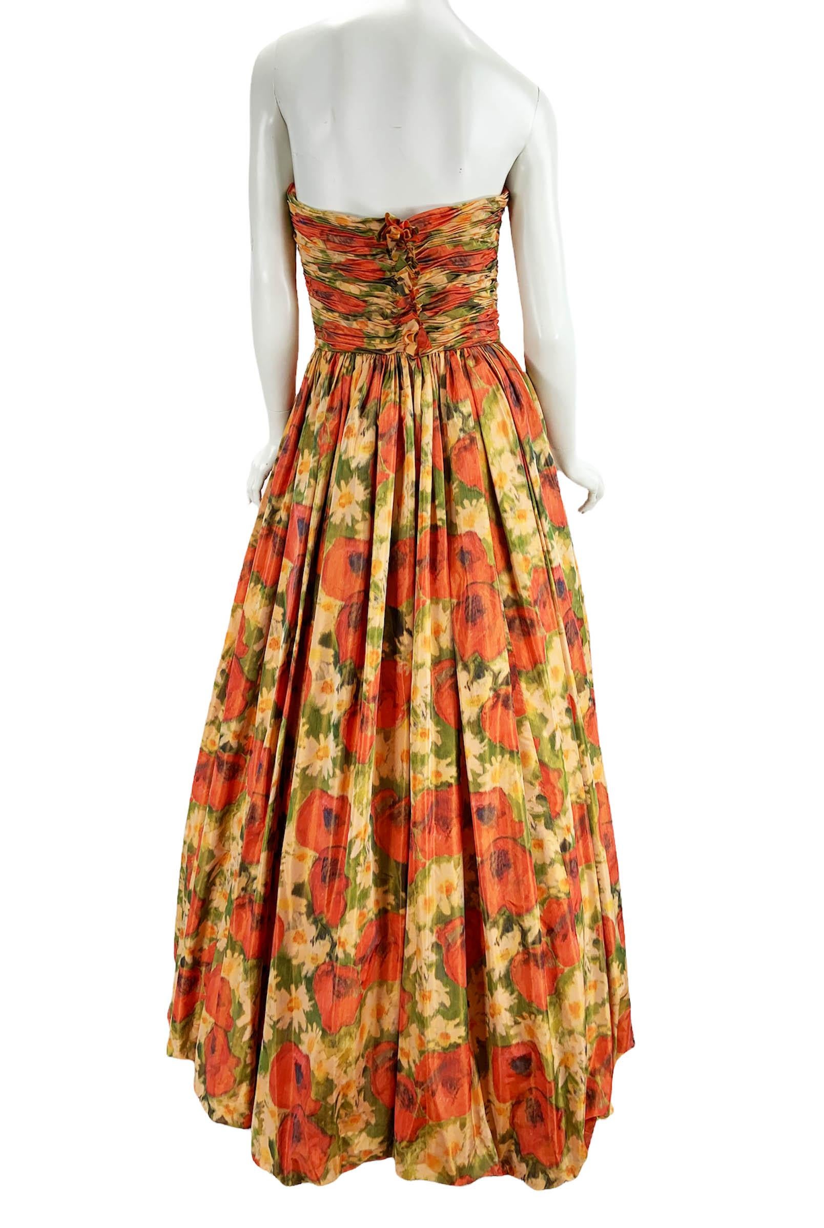 Brown Oscar De La Renta 2009 Runway Taffeta Silk Flower Print Corset Dress Gown US 6 For Sale