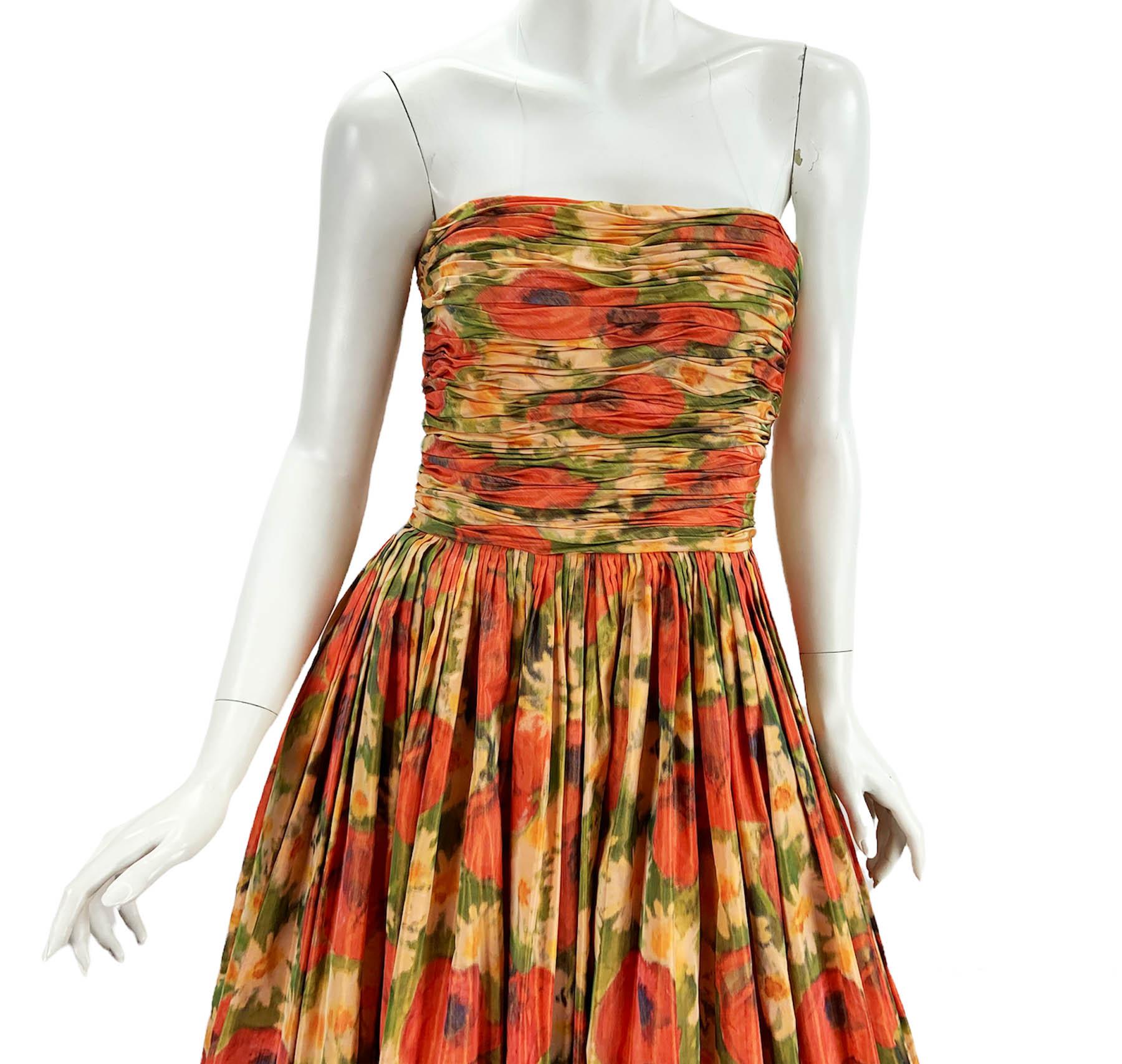 Oscar De La Renta 2009 Runway Taffeta Silk Flower Print Corset Dress Gown US 6 For Sale 2