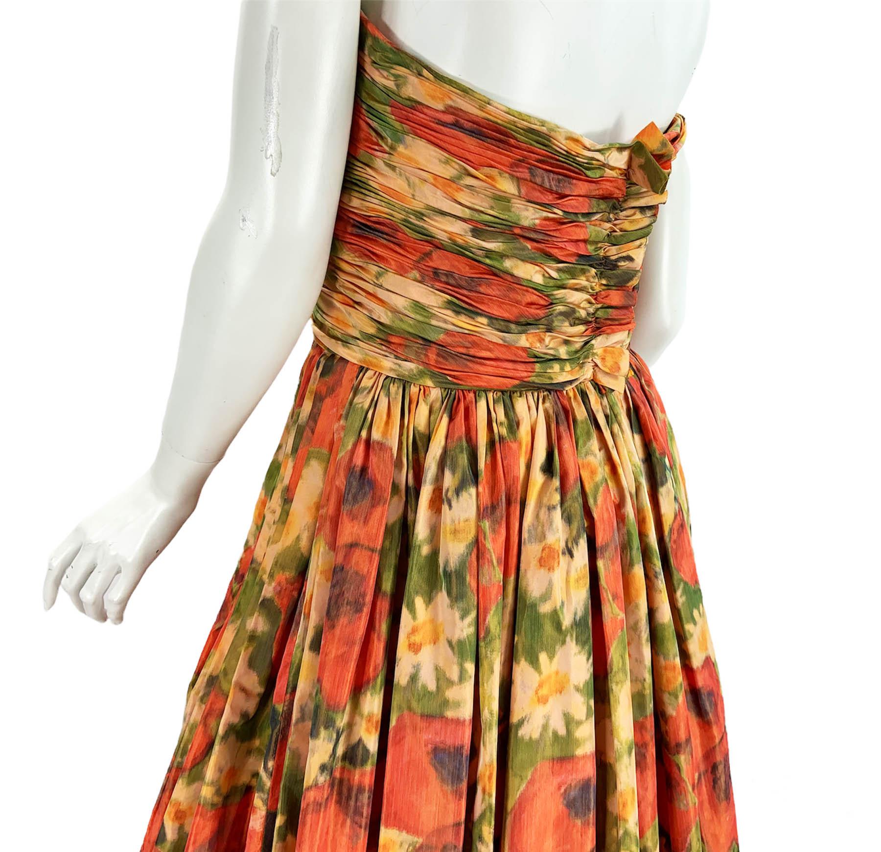 Oscar De La Renta 2009 Runway Taffeta Silk Flower Print Corset Dress Gown US 6 For Sale 3