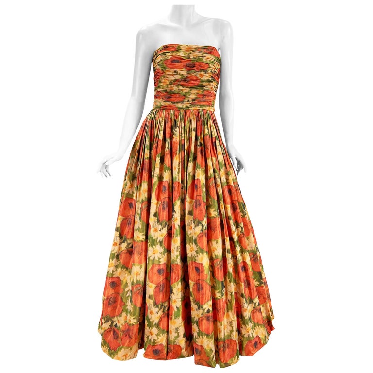 Oscar De La Renta 2009 Runway Taffeta Silk Flower Print Corset Dress Gown  US 6 For Sale at 1stDibs