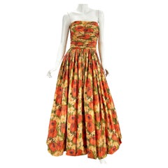 Oscar De La Renta 2009 Abito Corsetto in Taffetà di Seta con Stampa Floreale US 6