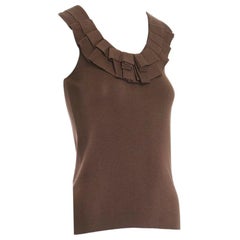 OSCAR DE LA RENTA 2009 silk blend brown ruffle pleated neckline knitted vest XS