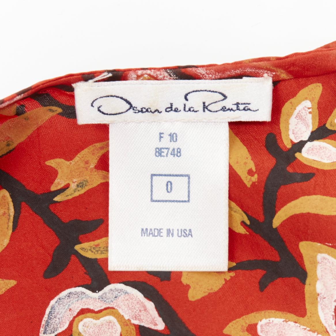 OSCAR DE LA RENTA 2010 100% silk red floral cap sleeve keyhole back top US0 XS For Sale 5