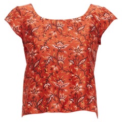 OSCAR DE LA RENTA 2010 100% silk red floral cap sleeve keyhole back top US0 XS