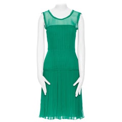 OSCAR DE LA RENTA 2011 kelly green silk pleated sheer yoke cocktail dress US0