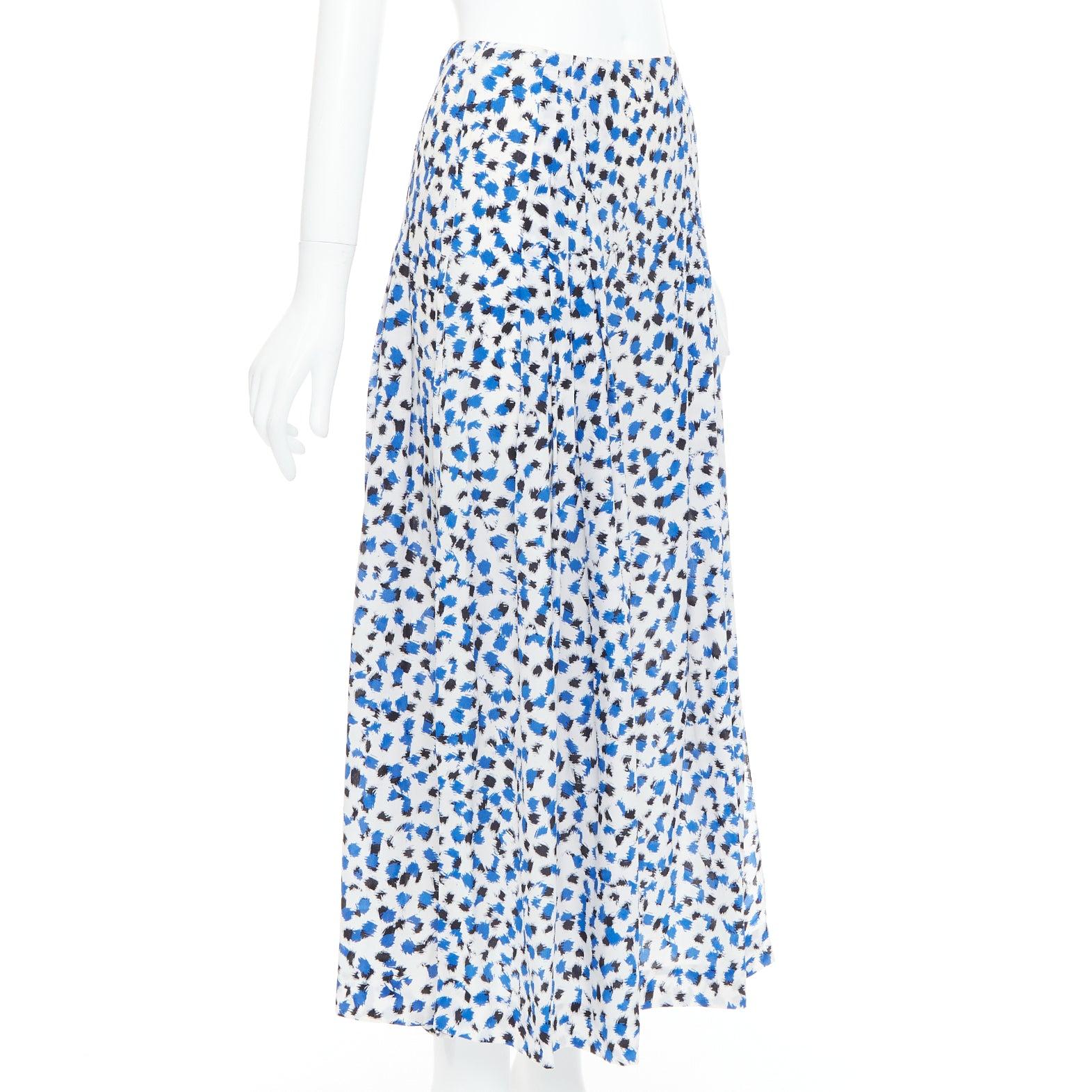 Gris OSCAR DE LA RENTA 2014 100% soie bleu imprimé abstrait jupe midi US0 XS en vente