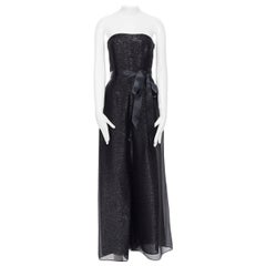 OSCAR DE LA RENTA 2014 black metallic silk blend corset bust belted jumpsuit US2