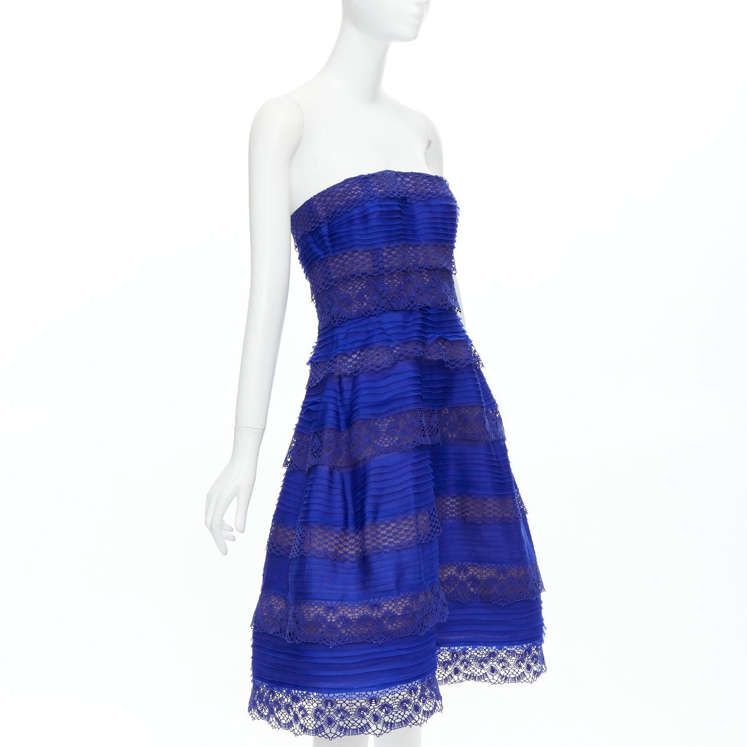 Blue OSCAR DE LA RENTA 2014 blue lace trim overlay strapless cocktail dress US4 S
