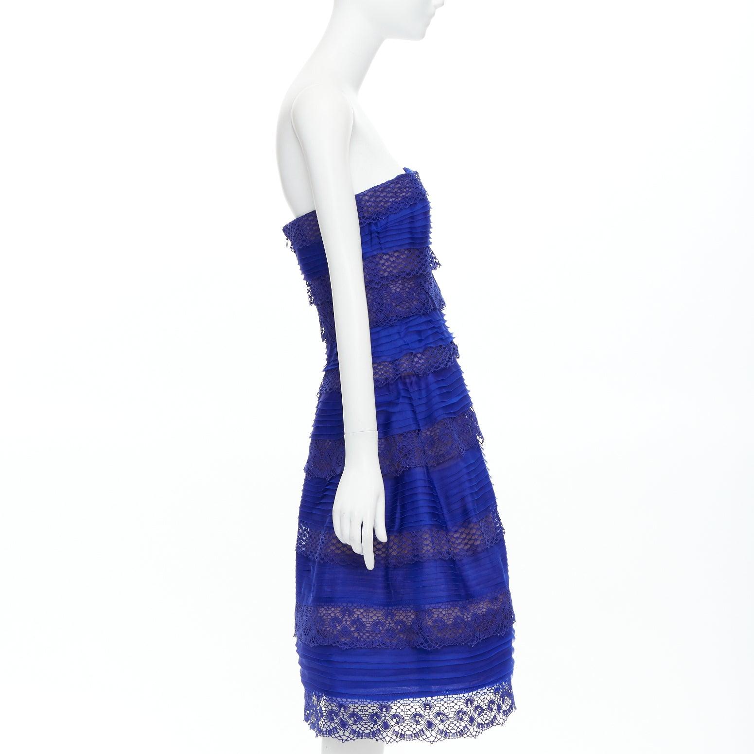 Women's OSCAR DE LA RENTA 2014 blue lace trim overlay strapless cocktail dress US4 S