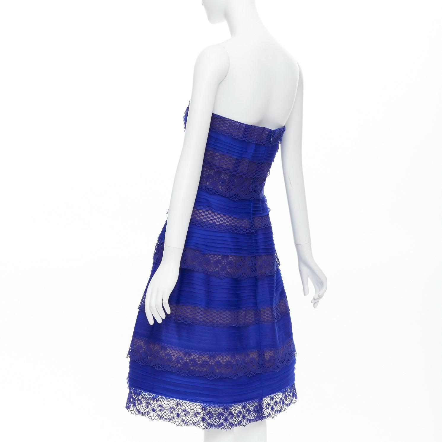 OSCAR DE LA RENTA 2014 blue lace trim overlay strapless cocktail dress US4 S 2