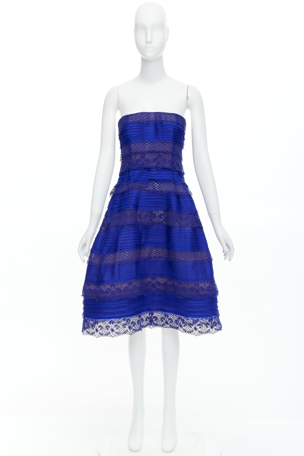 OSCAR DE LA RENTA 2014 blue lace trim overlay strapless cocktail dress US4 S 5