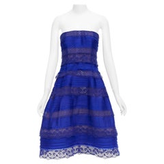 OSCAR DE LA RENTA 2014 blue lace trim overlay strapless cocktail dress US4 S