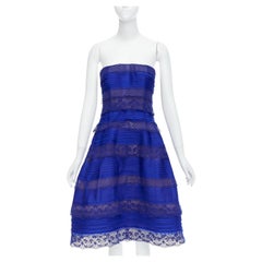 OSCAR DE LA RENTA 2014 blue lace trim overlay strapless cocktail dress US4 S
