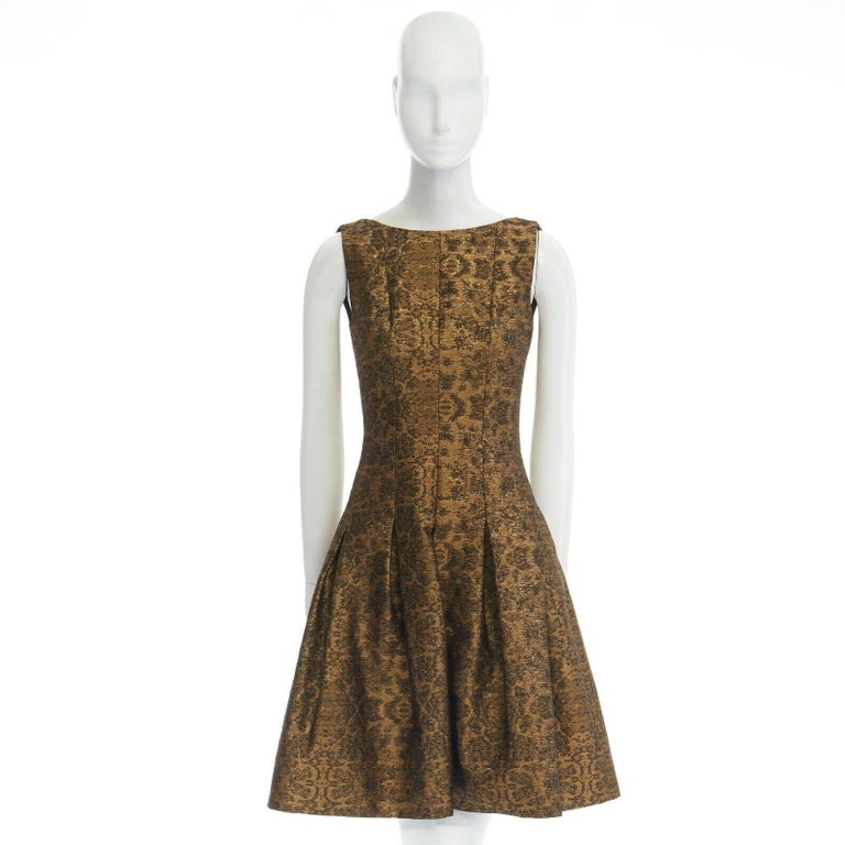 OSCAR DE LA RENTA 2014 gold brocade fit flare skirt cocktail dress US0 XS at 1stDibs | golden brocade skirt, gold flare dress, gold brocade dress OSCAR DE LA RENTA 2014 gold brocade fit flare skirt cocktail dress US0 XS at 1stDibs | golden brocade skirt, gold flare dress, gold brocade dress