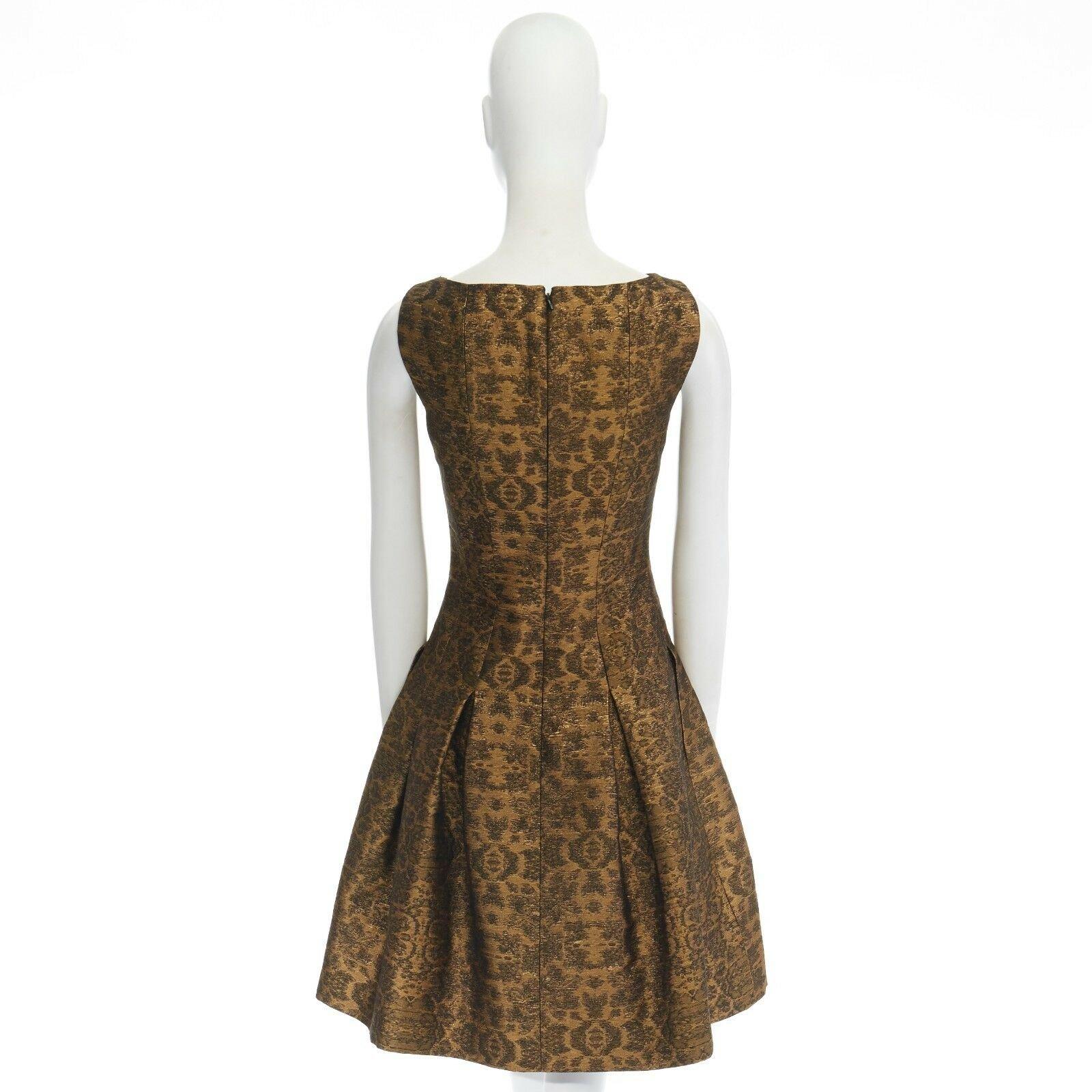 Brown OSCAR DE LA RENTA 2014 gold brocade fit flare skirt cocktail dress US0 XS