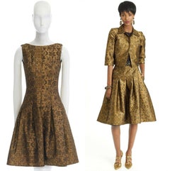 OSCAR DE LA RENTA 2014 gold brocade fit flare skirt cocktail dress US0 XS