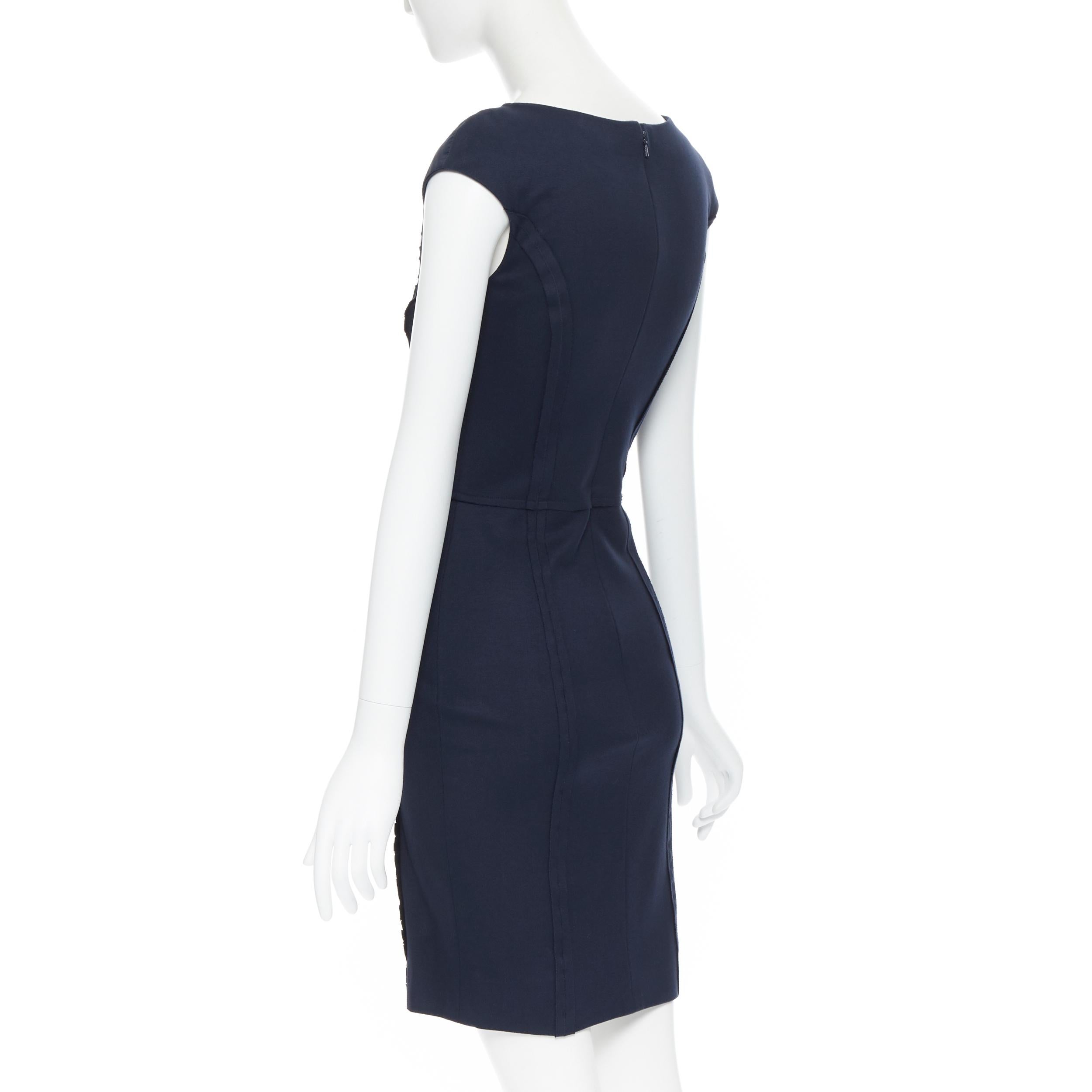 OSCAR DE LA RENTA 2014 navy blue pleated silk reversed seams bodycon dress US0 3