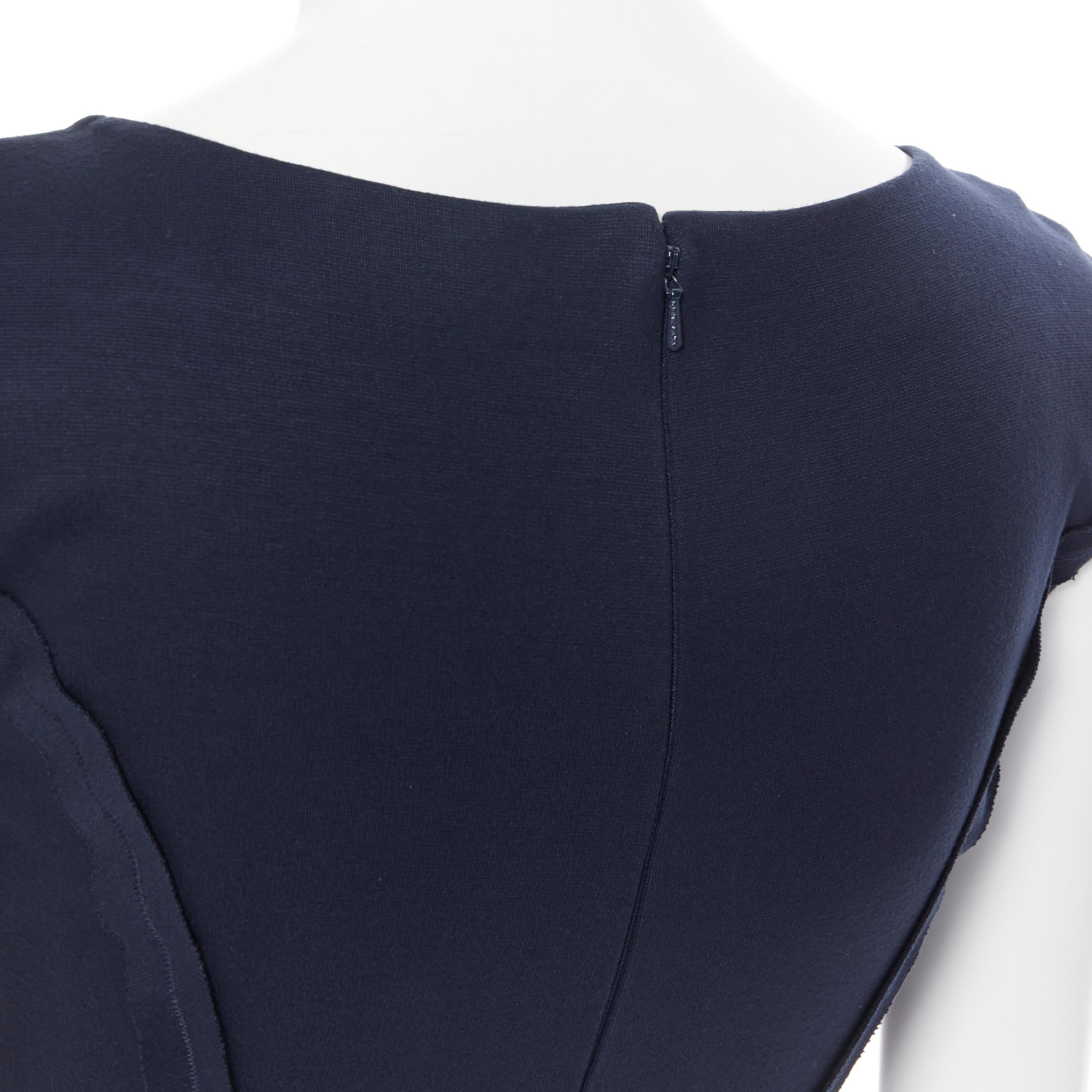 OSCAR DE LA RENTA 2014 navy blue pleated silk reversed seams bodycon dress US0 5