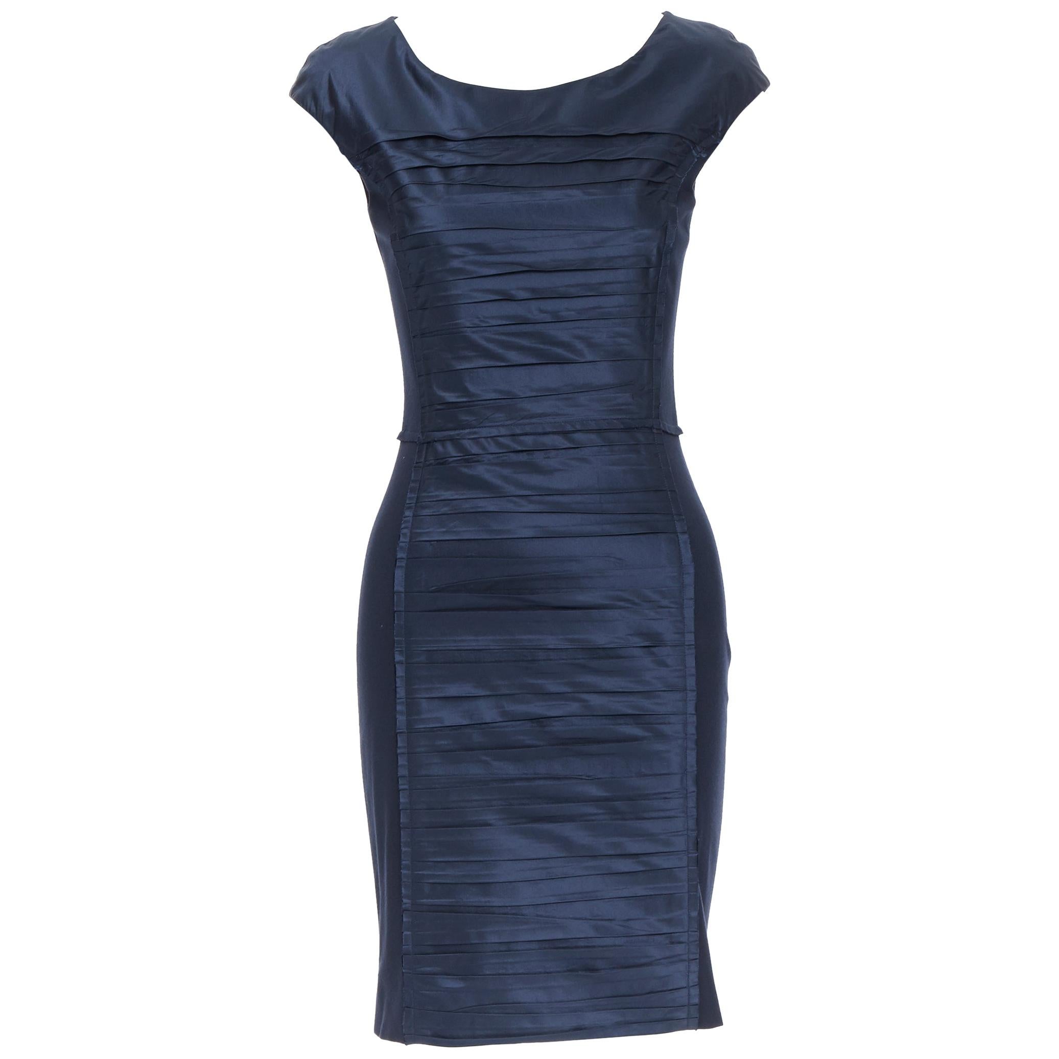 OSCAR DE LA RENTA 2014 navy blue pleated silk reversed seams bodycon dress US0