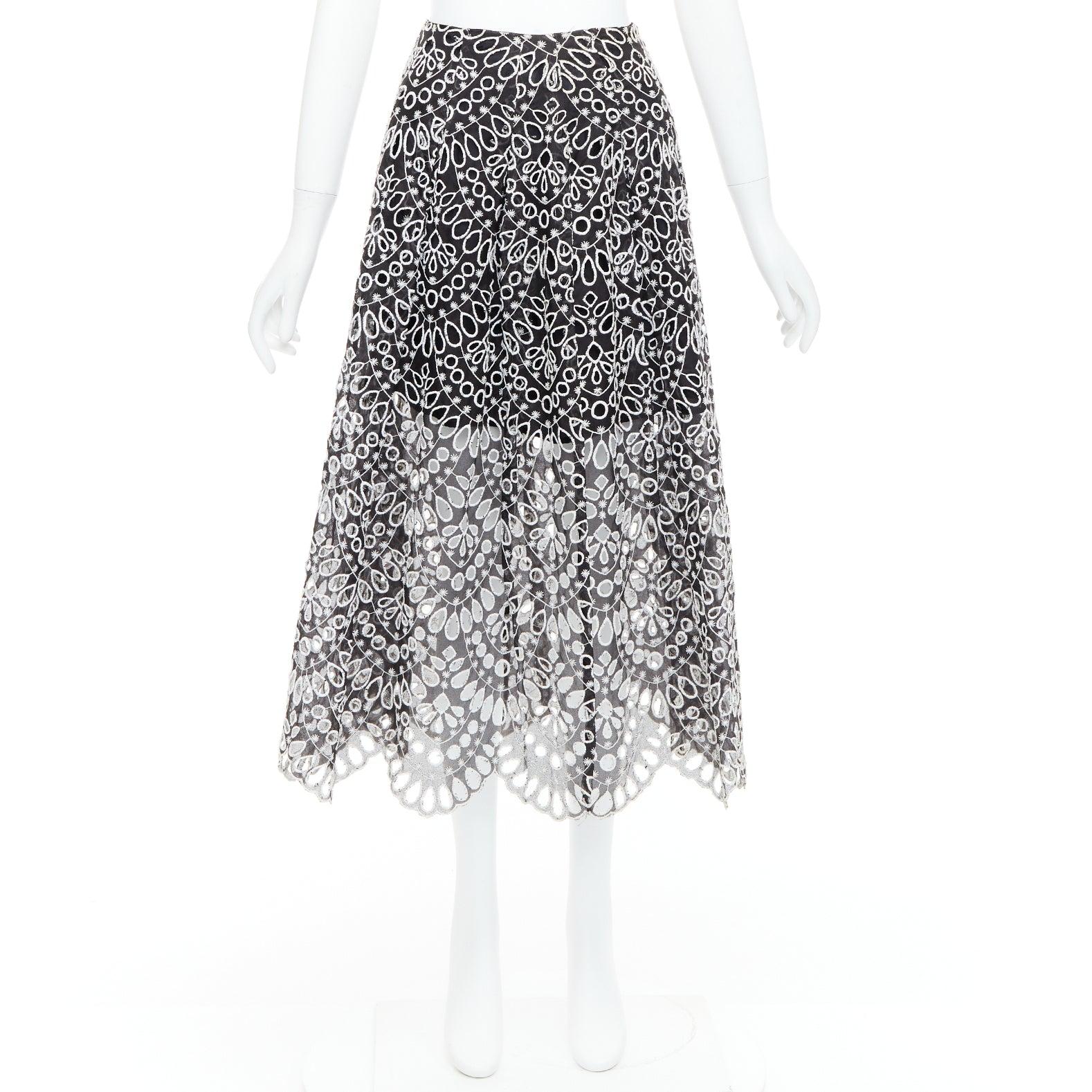 OSCAR DE LA RENTA 2015 black silk cotton embroidery anglais skirt US0 XS For Sale 5