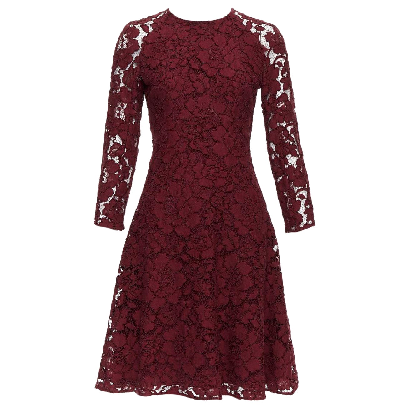 Oscar De La Renta 2016 abito in pizzo bordeaux con maniche trasparenti e vestibilità svasataUS0 XS in vendita
