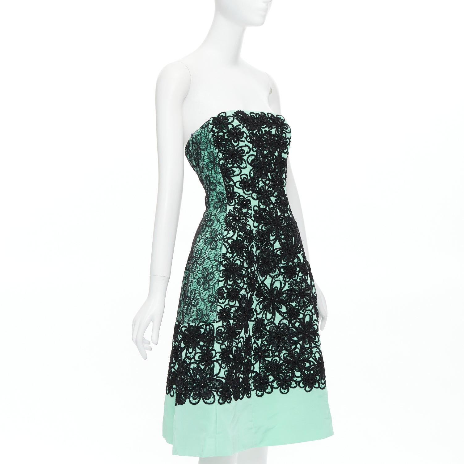 Black OSCAR DE LA RENTA 2016 Runway silk turquoise cocktail black overlay dress US4 S