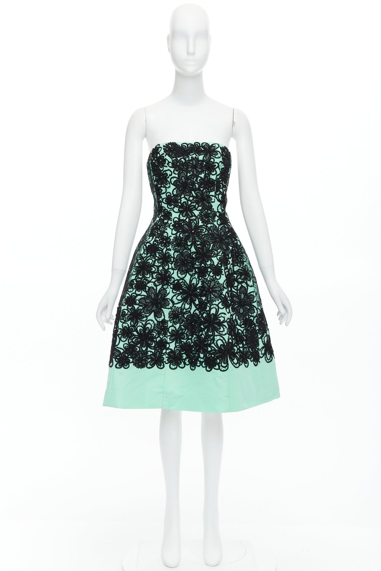 OSCAR DE LA RENTA 2016 Runway silk turquoise cocktail black overlay dress US4 S 5