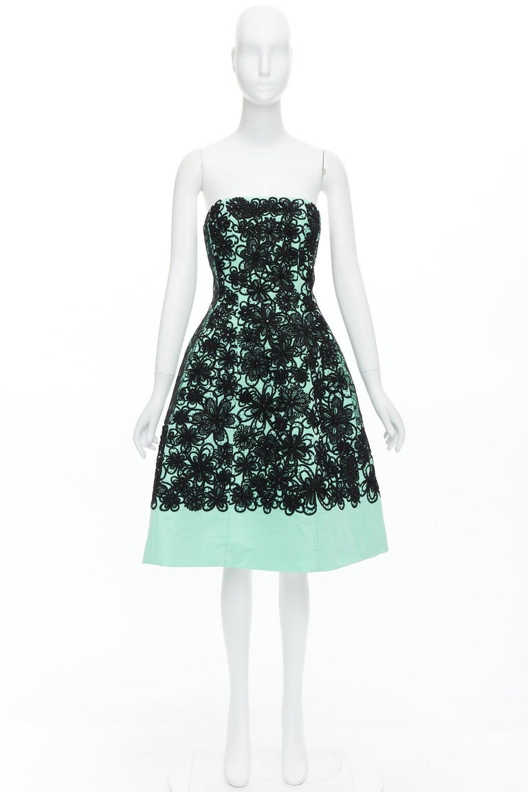 OSCAR DE LA RENTA 2016 Runway silk turquoise cocktail black overlay dress  US4 S at 1stDibs