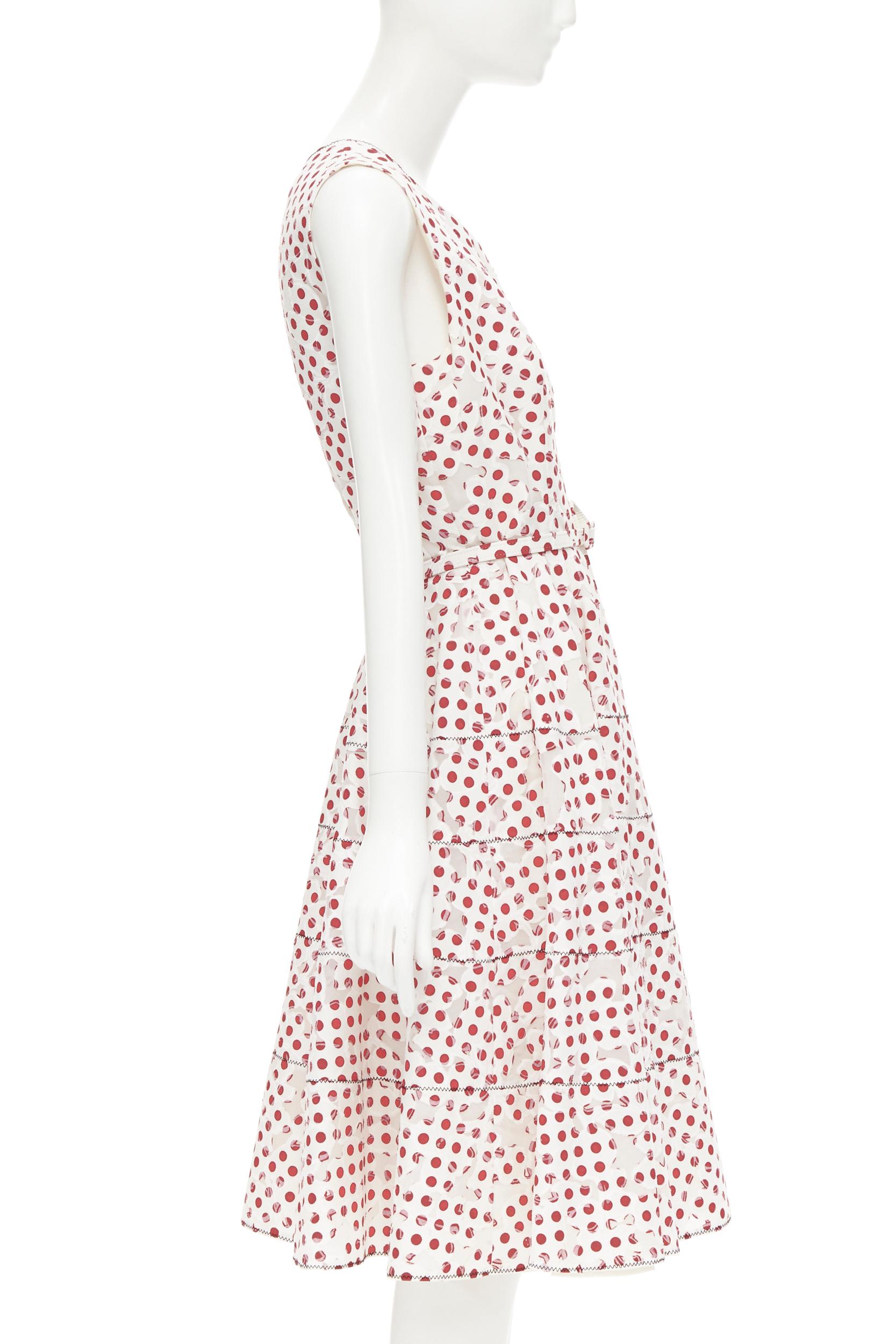 Women's OSCAR DE LA RENTA 2016 white polkadot floral burnt out devore belted dress US2 S For Sale