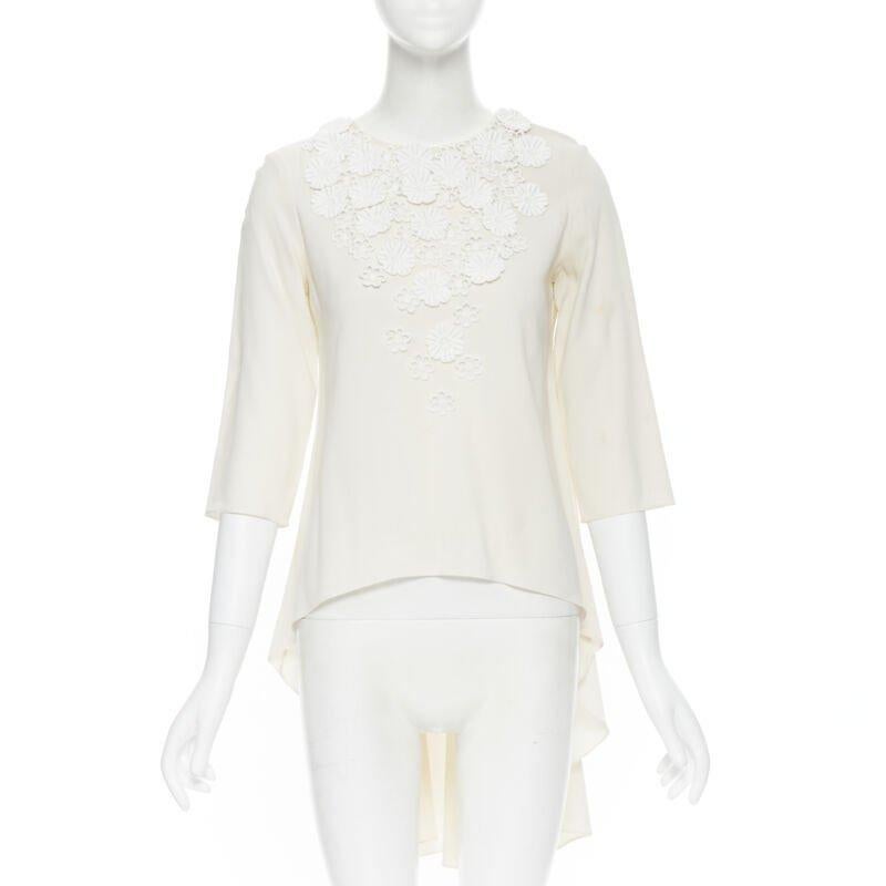Women's OSCAR DE LA RENTA 2017 cream silk floral petal applique high low top US0