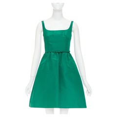 OSCAR DE LA RENTA 2017 green silk faille square neck belted flare dress IT40 S