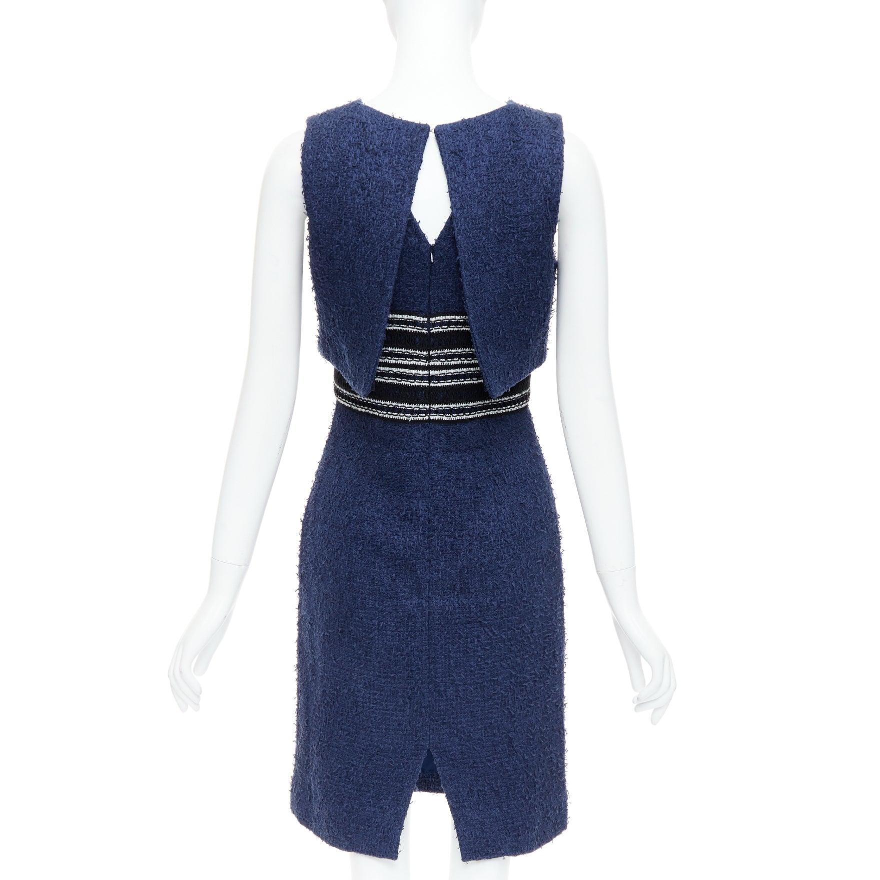 OSCAR DE LA RENTA 2017 vestido a capas de tweed en mezcla de algodón azul marino US0 XS en venta 1